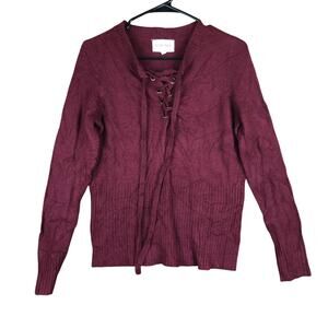 Olive + Oak Womens Sweater Burgundy V Neck Lace Up Long Sleeve Soft Stretch XS